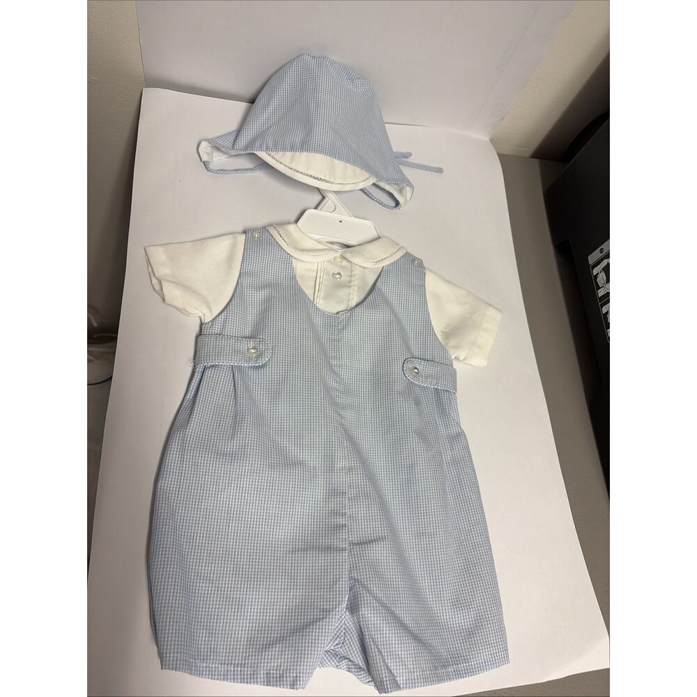 NWT Petit Ami Romper & Hat Blue And White Gingham Size Newborn